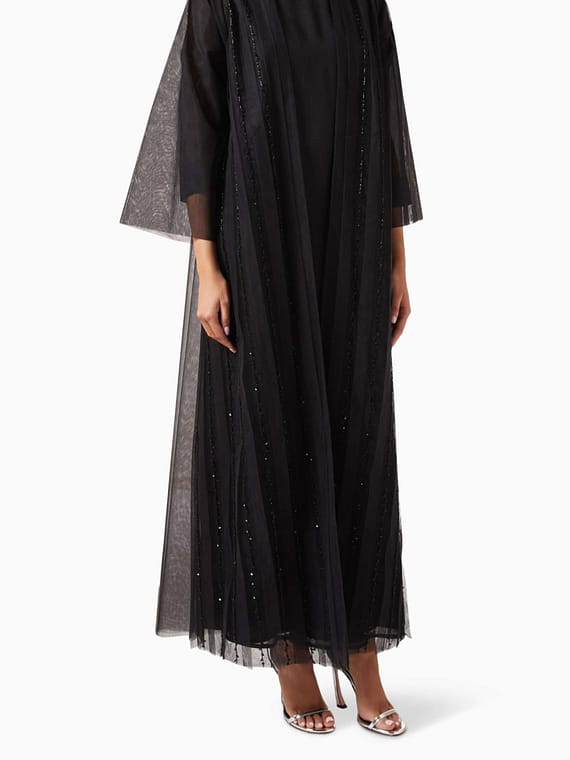3-piece Bead-embellished Abaya Set in Tulle-
