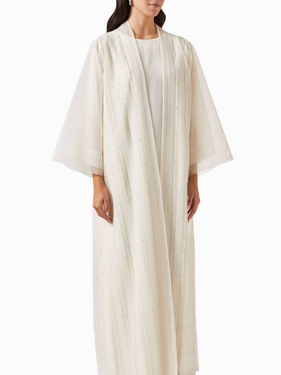 3-piece Bead-embellished Abaya Set in Tulle-