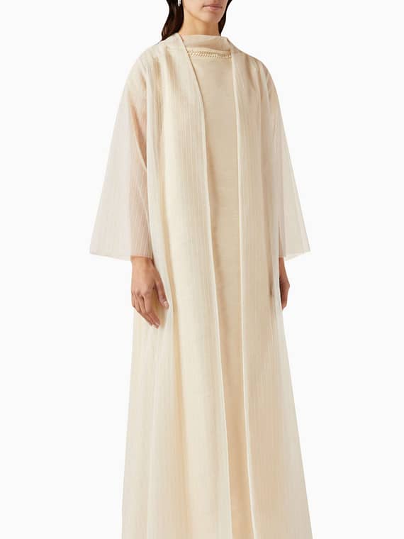 3-piece Bead-embellished Abaya Set in Tulle & Raw-silk-
