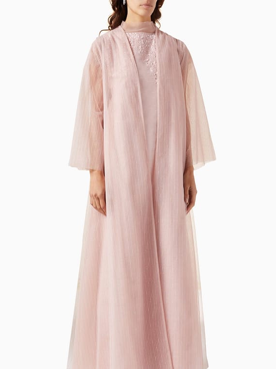 3-piece Bead-embellished Abaya Set in Tulle & Raw-silk-