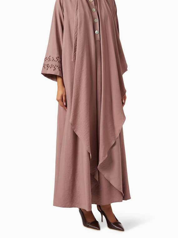 3-piece Embroidered Abaya Set in Cotton-linen Blend-