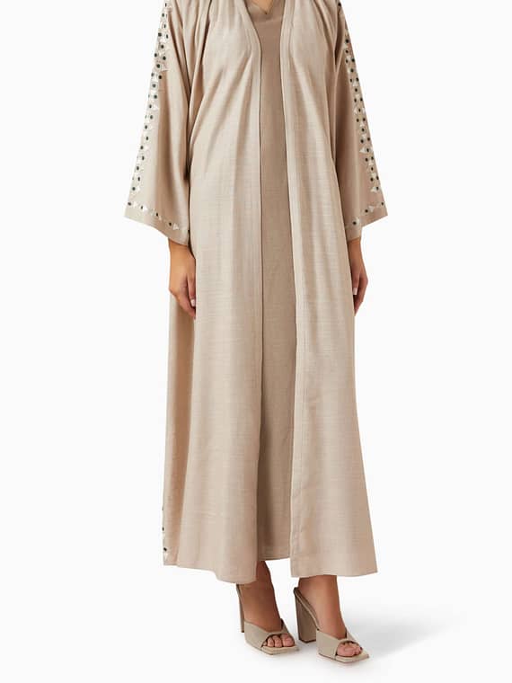 3-piece Embroidered Abaya Set in Linen-
