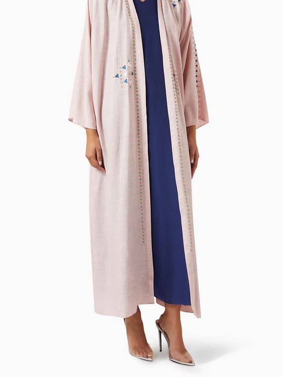 3-piece Embroidered Abaya Set in Linen-