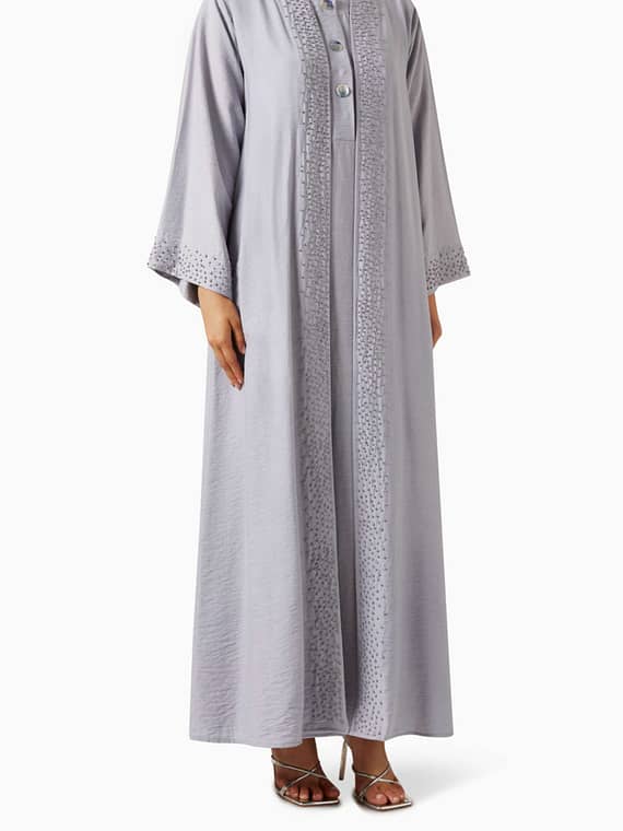 3-piece Embroidered Abaya Set in Linen-