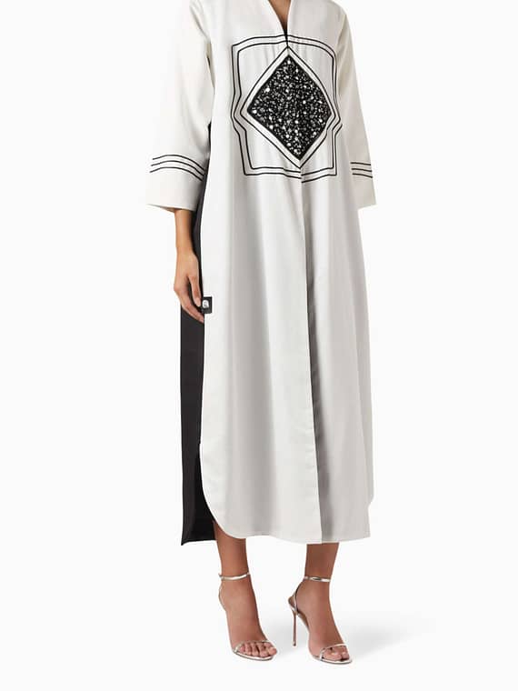 Contrast Embellished Abaya in Shiny Crepe-