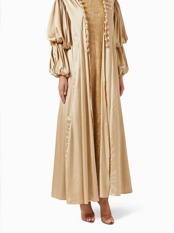Double Layered Puff Sleeves Abaya & Dress Set in Silk & Lace-