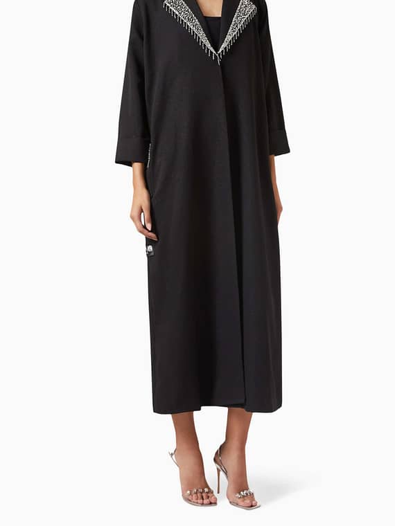 Embellished Coat Abaya in Crepe-