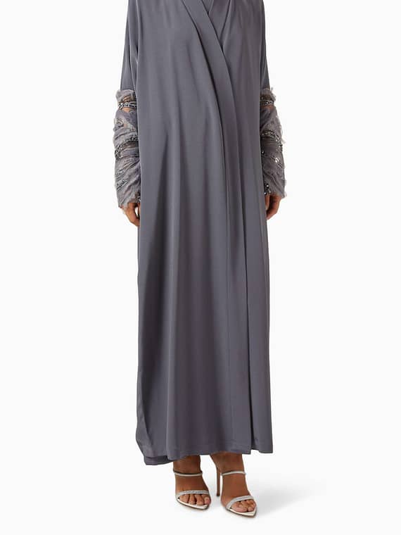 Embroidered Frill-sleeve Abaya in Silk-crepe-