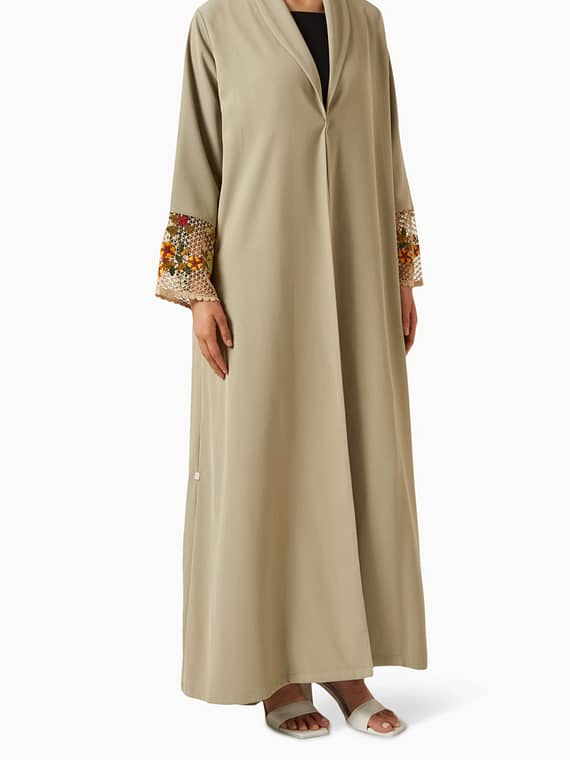 Embroidered-lace Abaya in Twill-