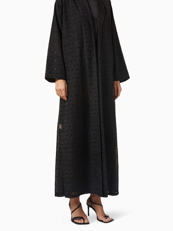 Floral Shawl Collar Abaya in Textured Fabric-