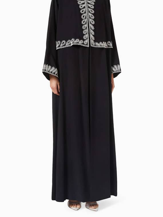 Floral-embroidered Abaya in Crush-cotton-