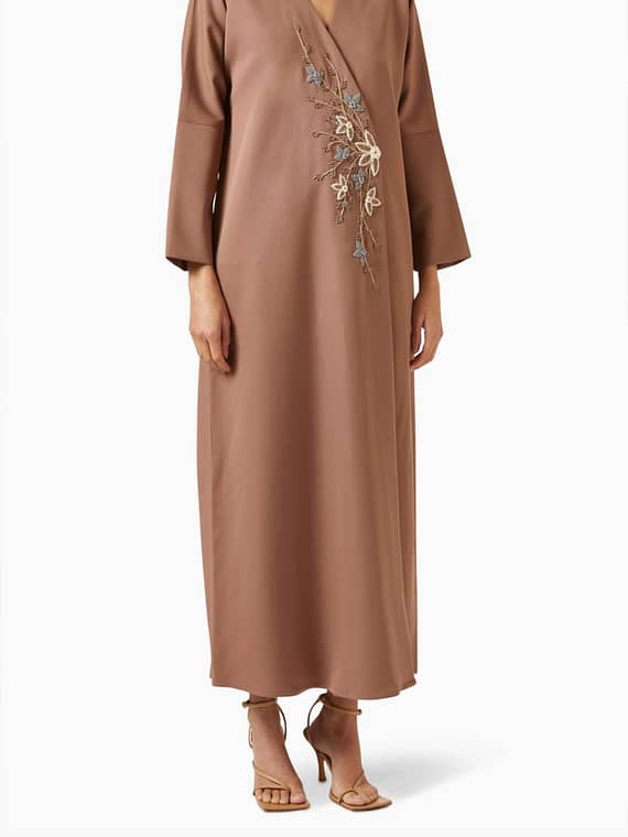 Floral-embroidered Abaya in Linen-