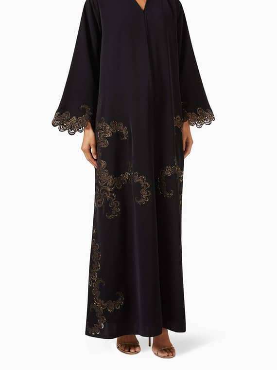 Laser-cut Embellished Abaya in Crepe-