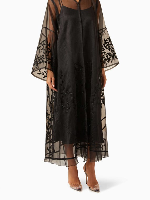 Leaf-embroidered Sheer Abaya in Net & Velvet-