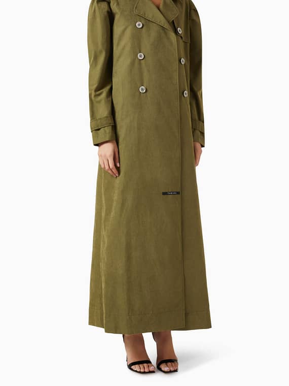 Olive Trench Coat Abaya in Crepe-velvet-