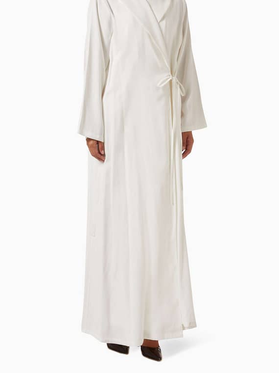Peak Lapel Jacket Abaya with Side Ribbon in Crush Cotton-