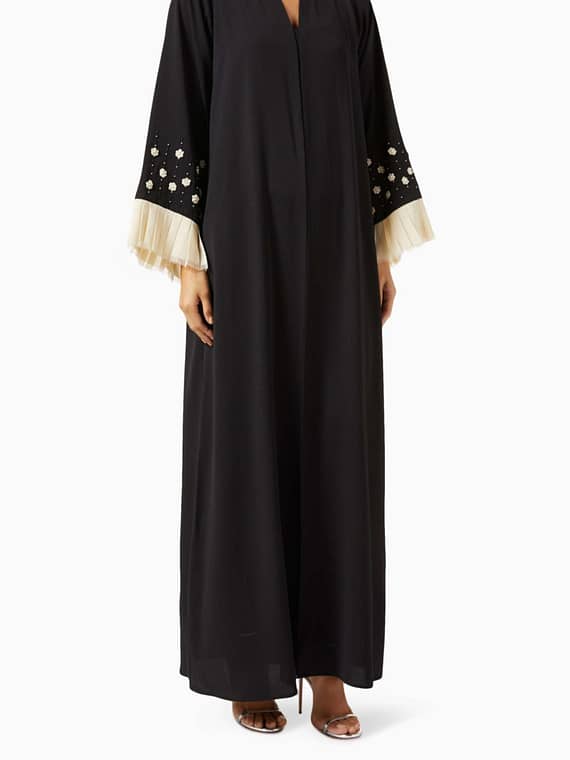 Pleated-cuff Embellished Abaya in Crepe-