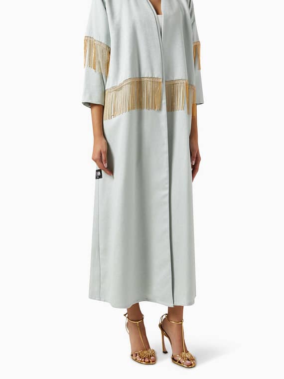 Rhinestone Fringe Abaya in Crepe-