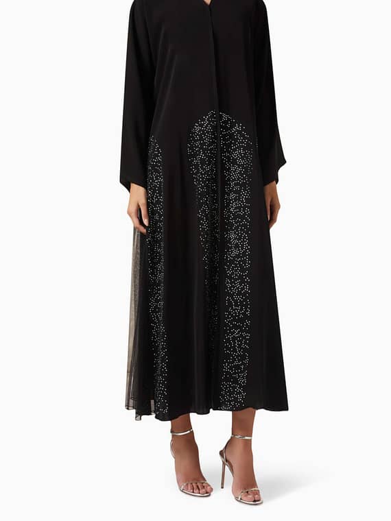Stone-embellishment Abaya in Tulle & Chiffon-