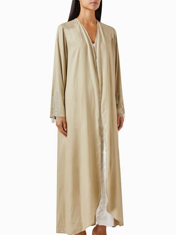 Tassel-trimmed Abaya in Linen-rayon Blend-