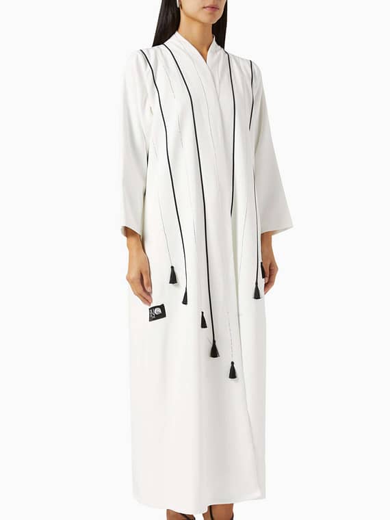 Tassel-trimmed Two-tone Abaya in Crepe-