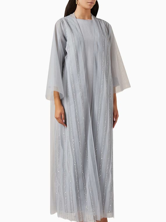 3-piece Embellished Abaya Set in Tulle-