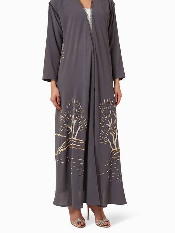 Embellished Raw-edged Abaya in Crêpe-