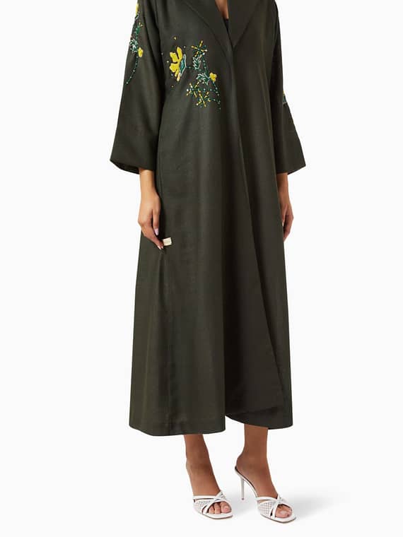 Floral-embroidery Coat Abaya in Linen-