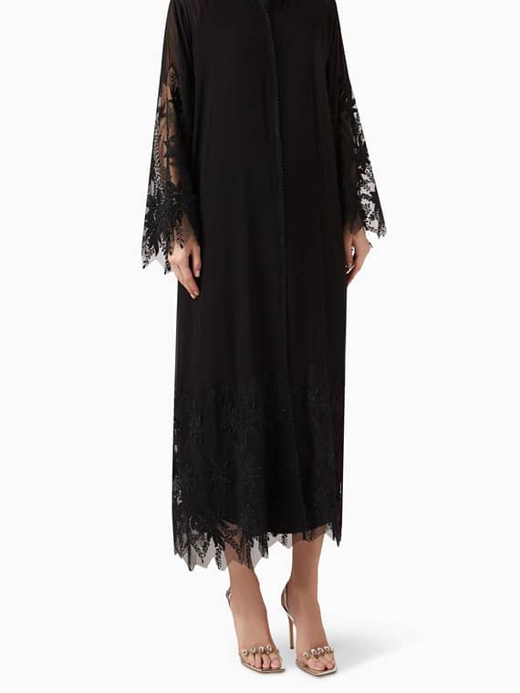 Lace-trim Abaya in Chiffon-