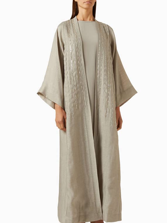 3-piece Embellished Abaya Set in Cotton & Satin-