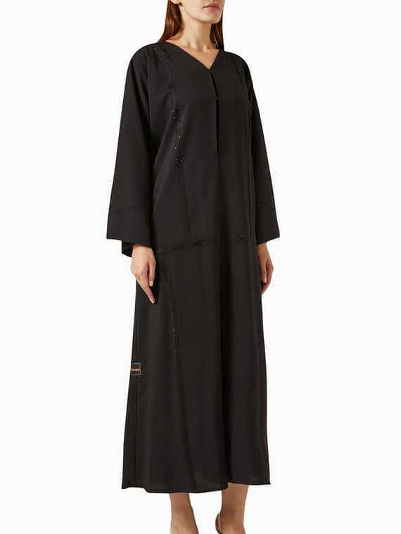 Bead-embellished Abaya in Crepe-