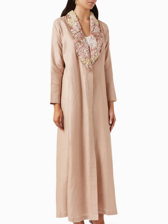Embellished-collar Abaya in Linen & Organza-