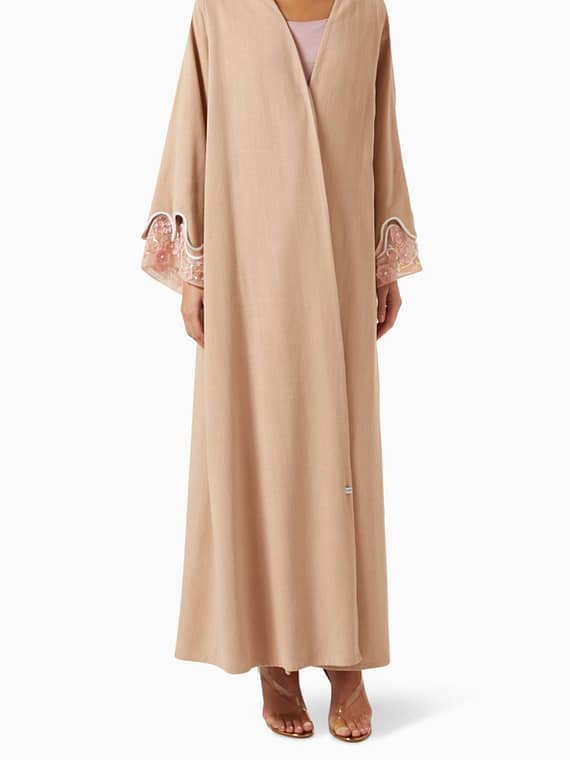 Floral Bead-embellished Abaya & Dress Set in Linen-