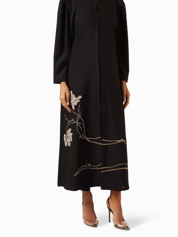 Floral-patch Embroidered Abaya in Raw Silk-