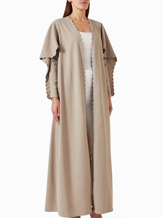 Scallops Embroidered Eagle Sleeves Abaya in Crepe-